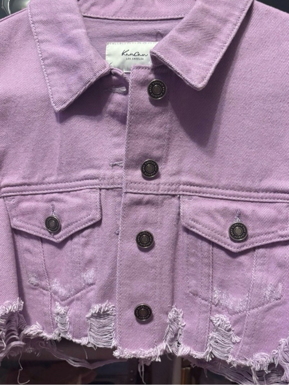 KanCan Lavender Cropped Distressed Denim Jacket